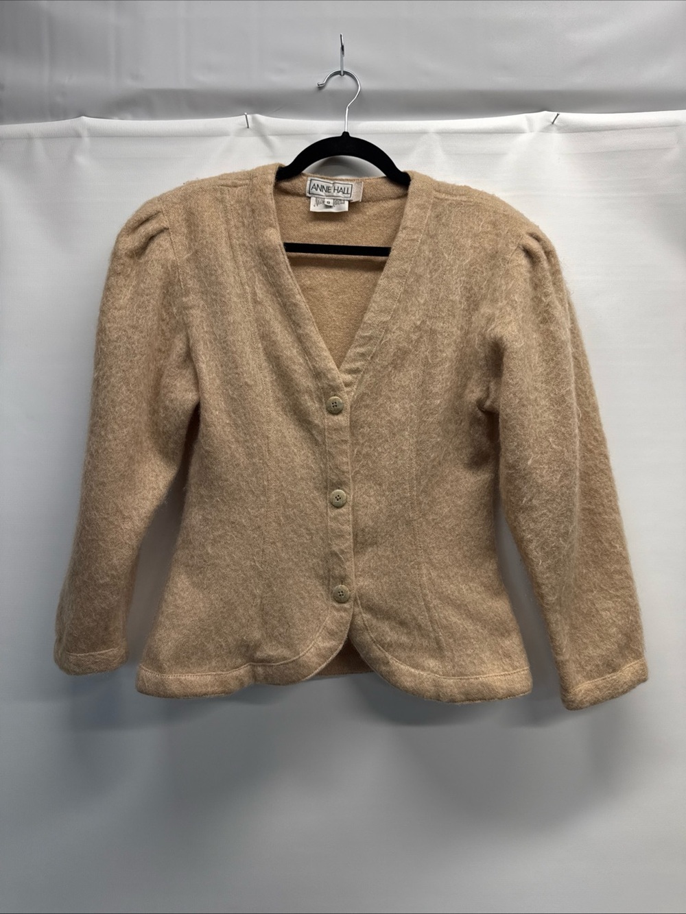 VTG Anne Hall Neiman Marcus Sz 8 Cardigan Puff Shoulders Peplum Waist Camel Tan